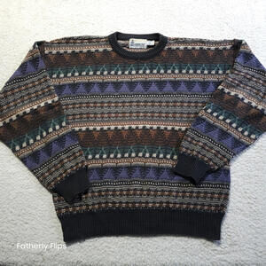 London Fog Vintage USA Crewneck Sweater Large 100% Cotton Multicolor Jacquard